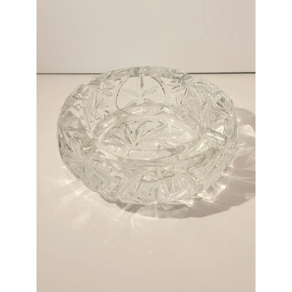 Vintage MCM‎ Cut Crystal Glass Trinket Dish Ashtray Coin Holder Round Heavy